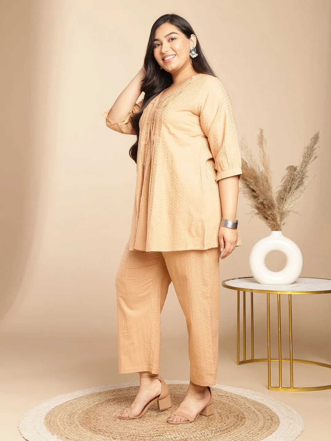 Peach Cotton Jacquard Self Design Pleated Co-Ord Set