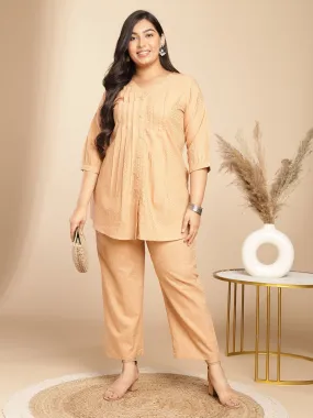 Peach Cotton Jacquard Self Design Pleated Co-Ord Set