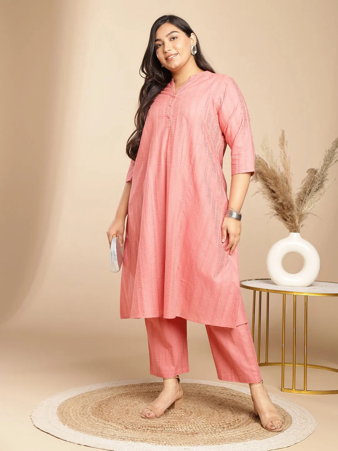 Plus Size Pink Cotton Jacquard Self Design A-Line Co-Ord Set