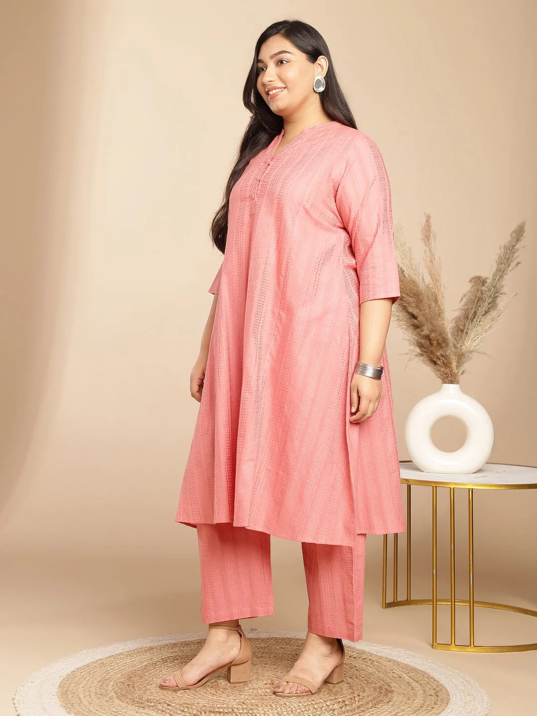 Plus Size Pink Cotton Jacquard Self Design A-Line Co-Ord Set