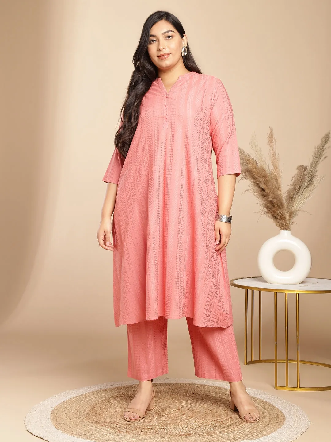 Plus Size Pink Cotton Jacquard Self Design A-Line Co-Ord Set