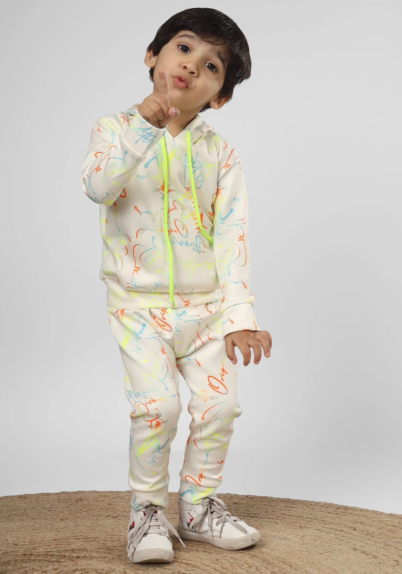 Polka Tots Full sleeve Neon Letters Print Co-ord Set - White