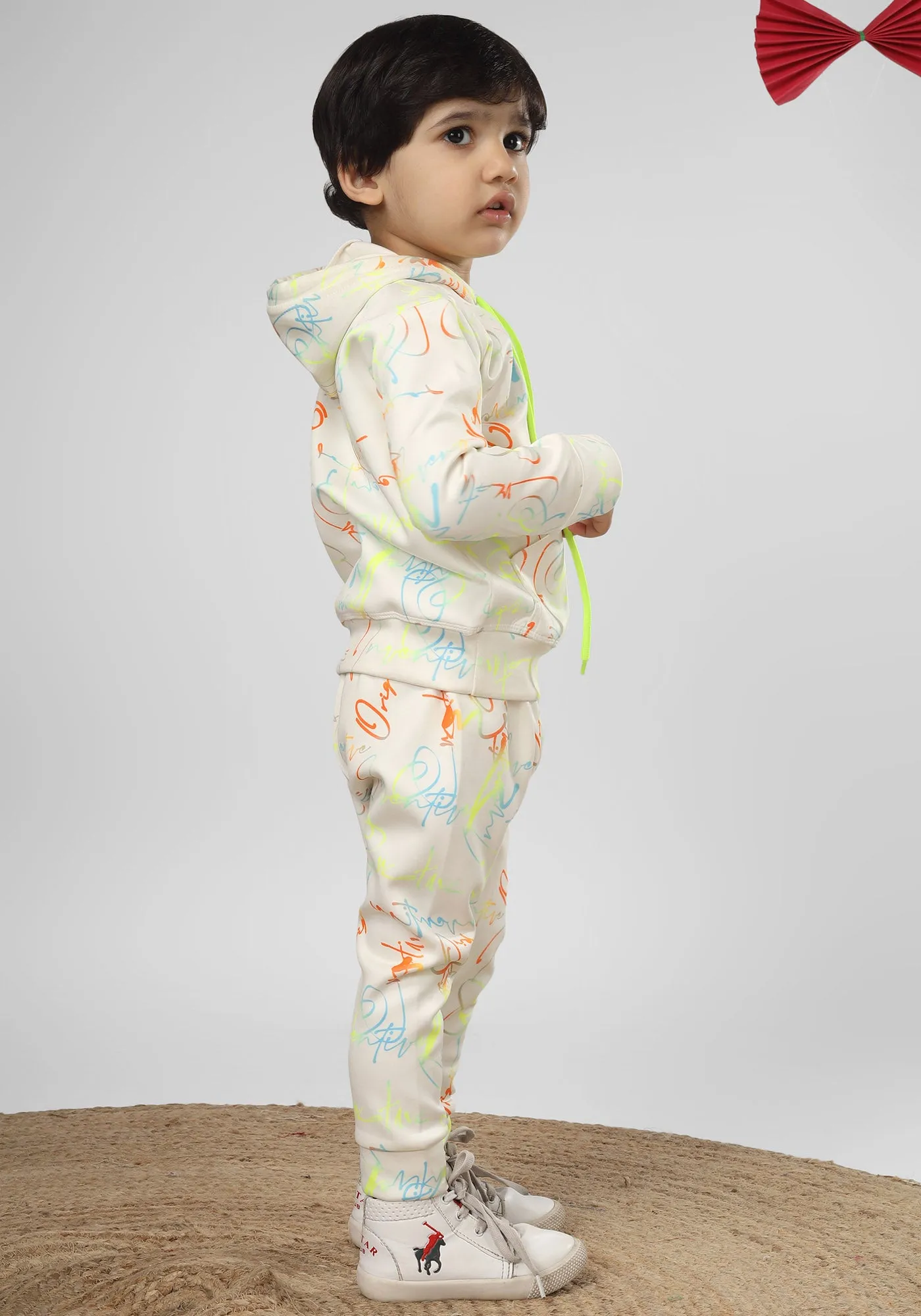 Polka Tots Full sleeve Neon Letters Print Co-ord Set - White