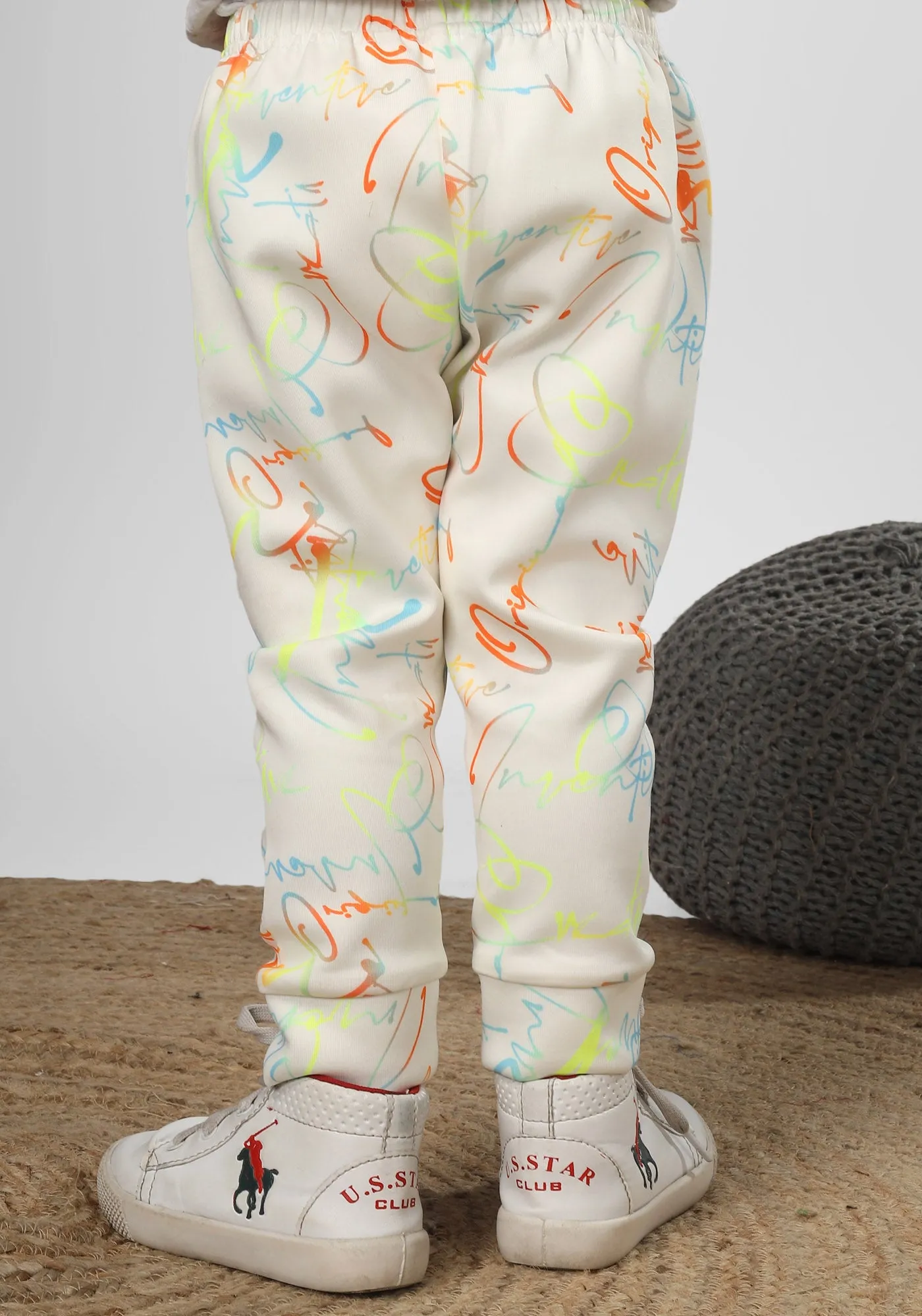 Polka Tots Full sleeve Neon Letters Print Co-ord Set - White