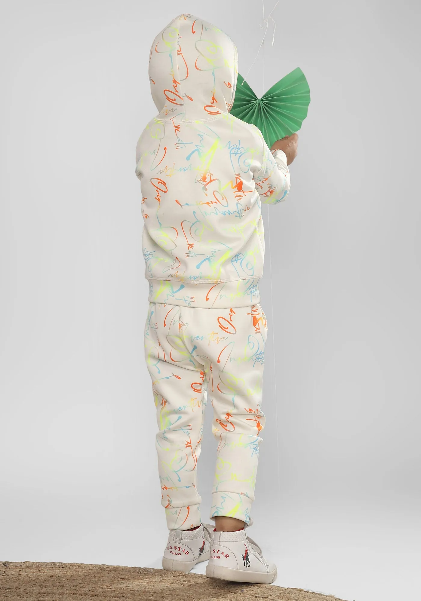 Polka Tots Full sleeve Neon Letters Print Co-ord Set - White