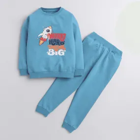 Polka Tots Full Sleeve Work Hard dream Big Print Tshirt With Full Lower Cod Set - Blue