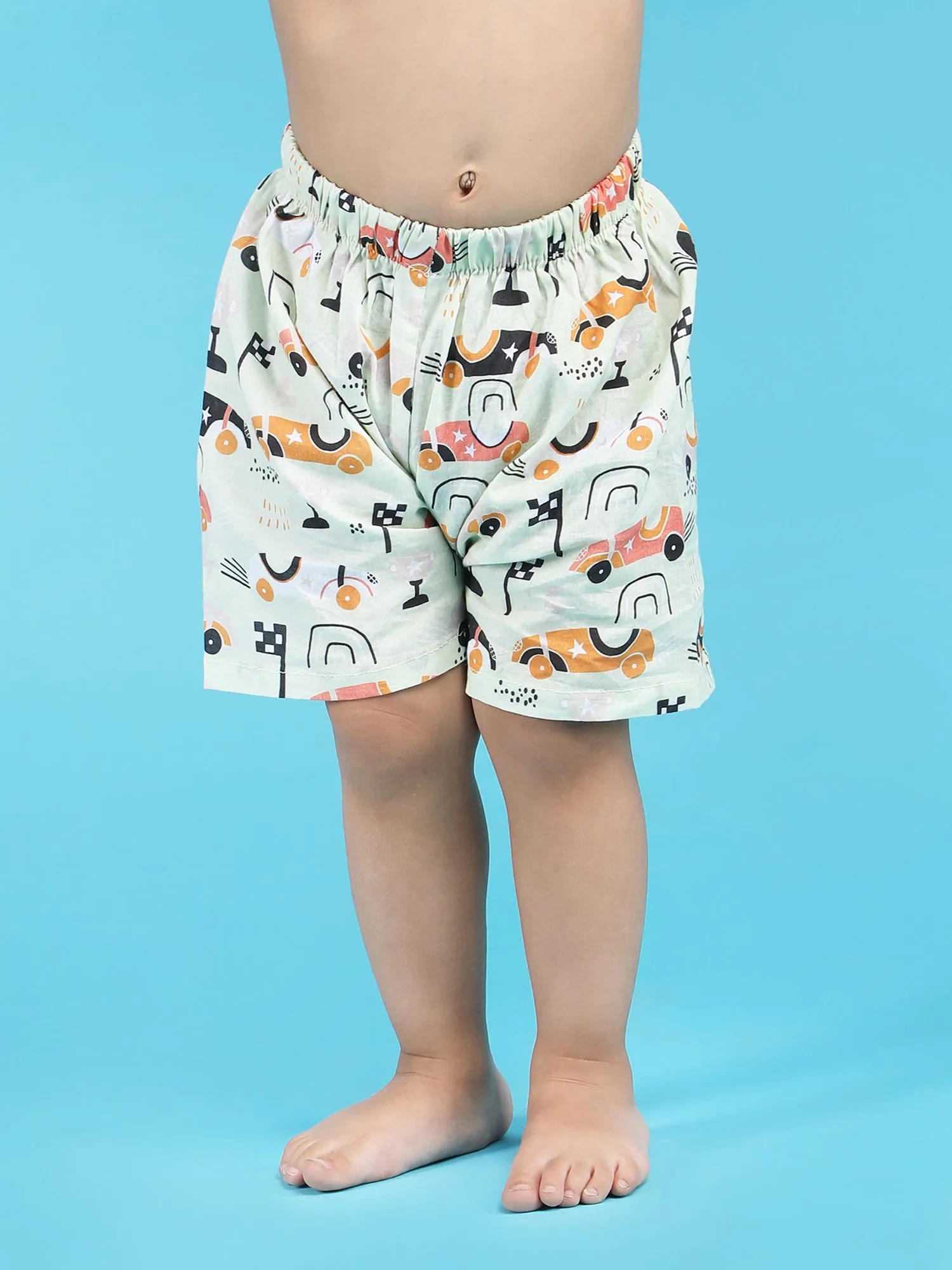 Polka Tots Half Sleeves Racing car print Shirt Shorts - Light Green