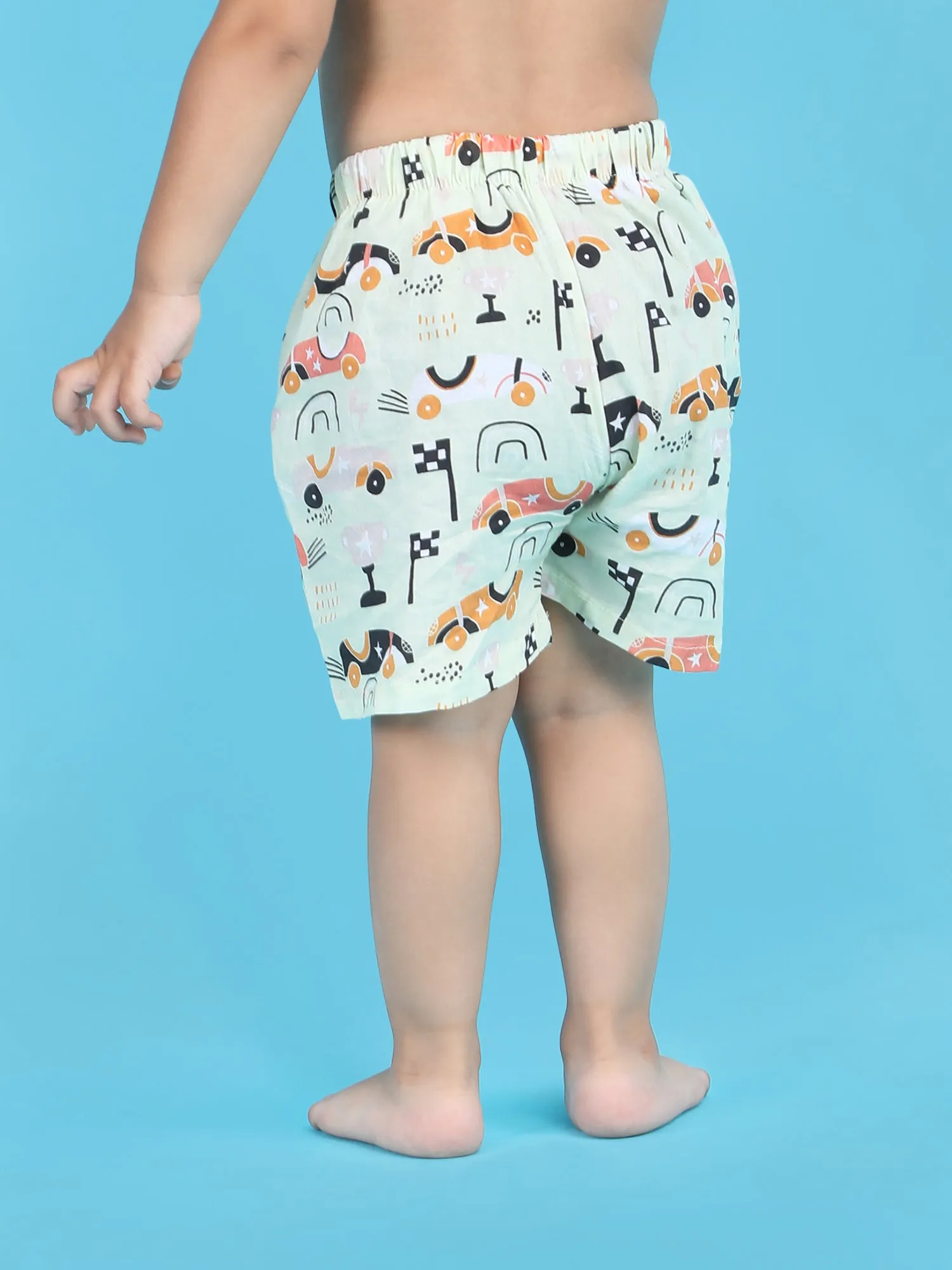 Polka Tots Half Sleeves Racing car print Shirt Shorts - Light Green