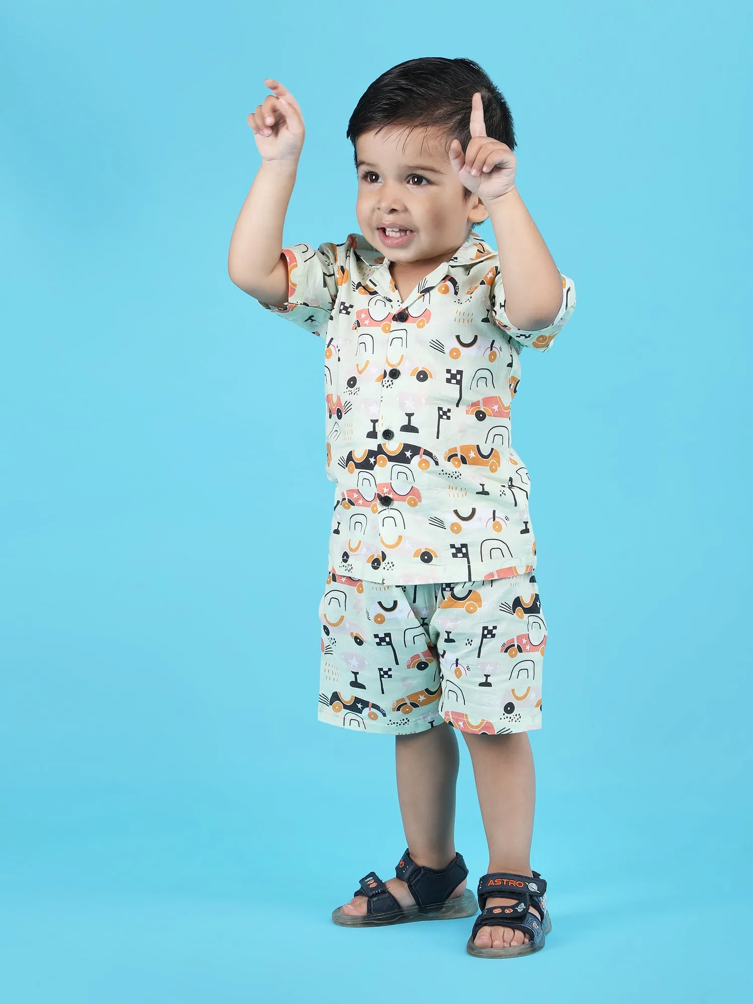 Polka Tots Half Sleeves Racing car print Shirt Shorts - Light Green