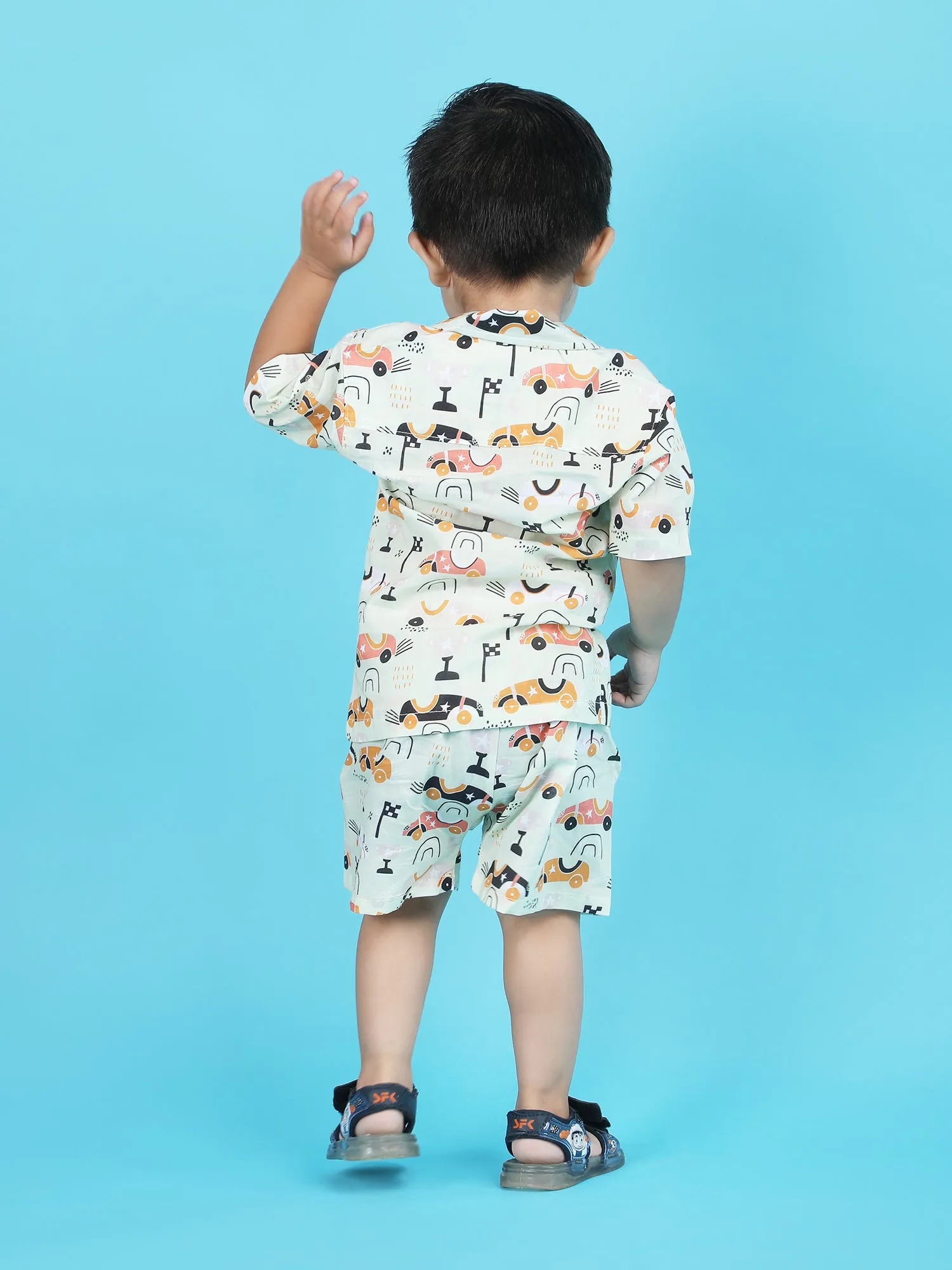 Polka Tots Half Sleeves Racing car print Shirt Shorts - Light Green