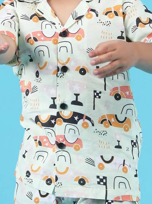 Polka Tots Half Sleeves Racing car print Shirt Shorts - Light Green