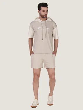 Unisex Ecru Colourblock Half Sleeve Co-Ord Set