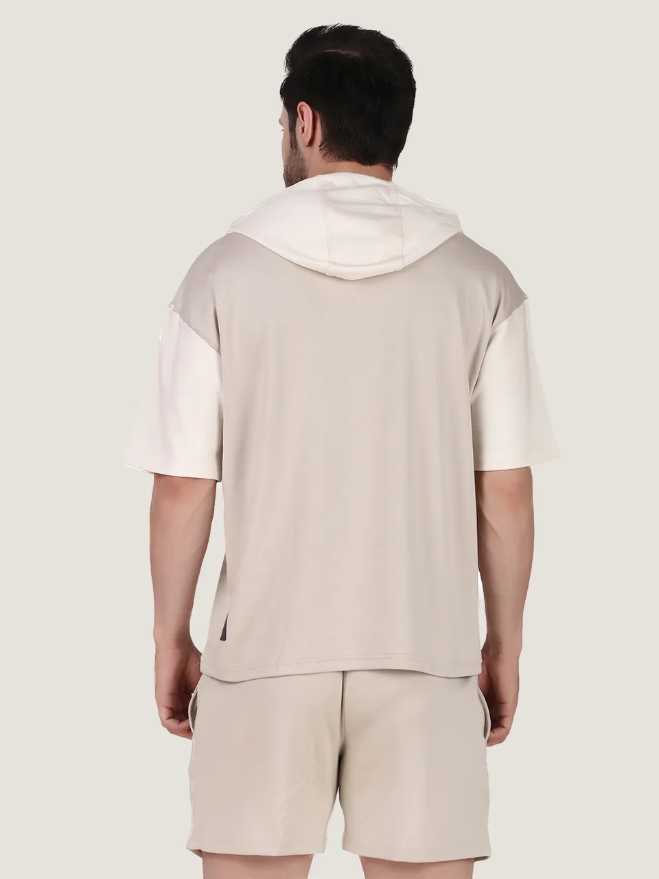Unisex Ecru Colourblock Half Sleeve Co-Ord Set
