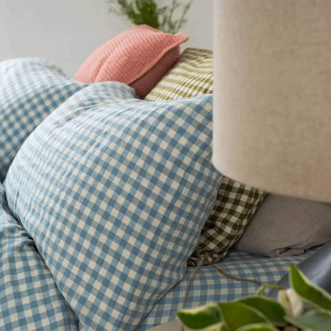 Warm Blue Gingham 100% Linen Pillowcases (Pair)