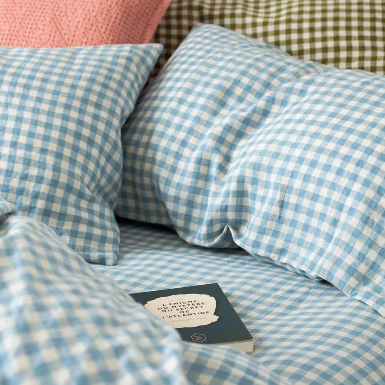 Warm Blue Gingham 100% Linen Pillowcases (Pair)